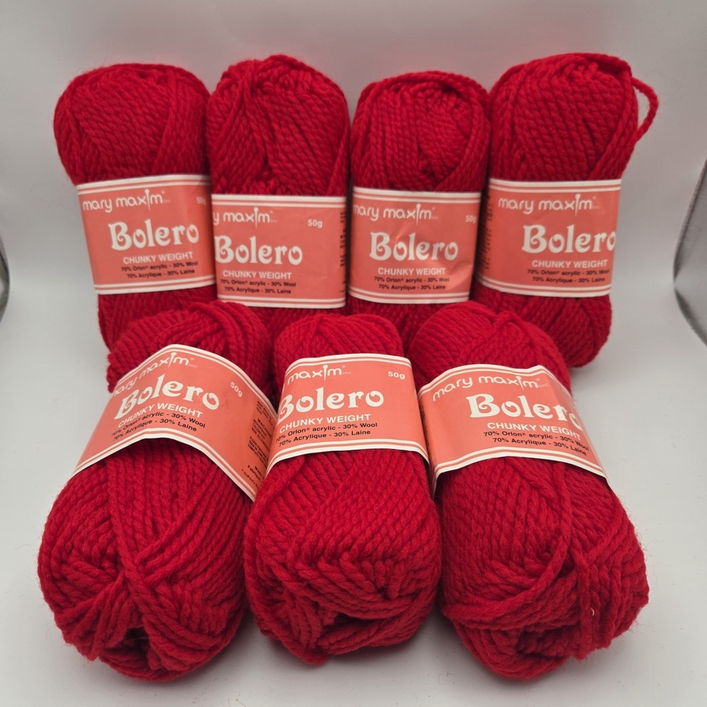 7 Vintage Skeins Mary Maxim Bolero Chunky Weight Red Yarn 70% Acrylic & 30% Wool
